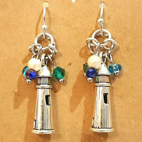 Handmade - Fun Tibetan Silver Lighthouse Earrings - Picture 1 of 6